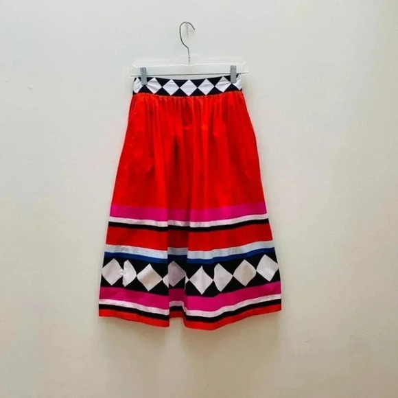 Kate Spade - Red Multi Haute Stuff Geo Border Poplin A-line Midi Skirt - Picture 6 of 9